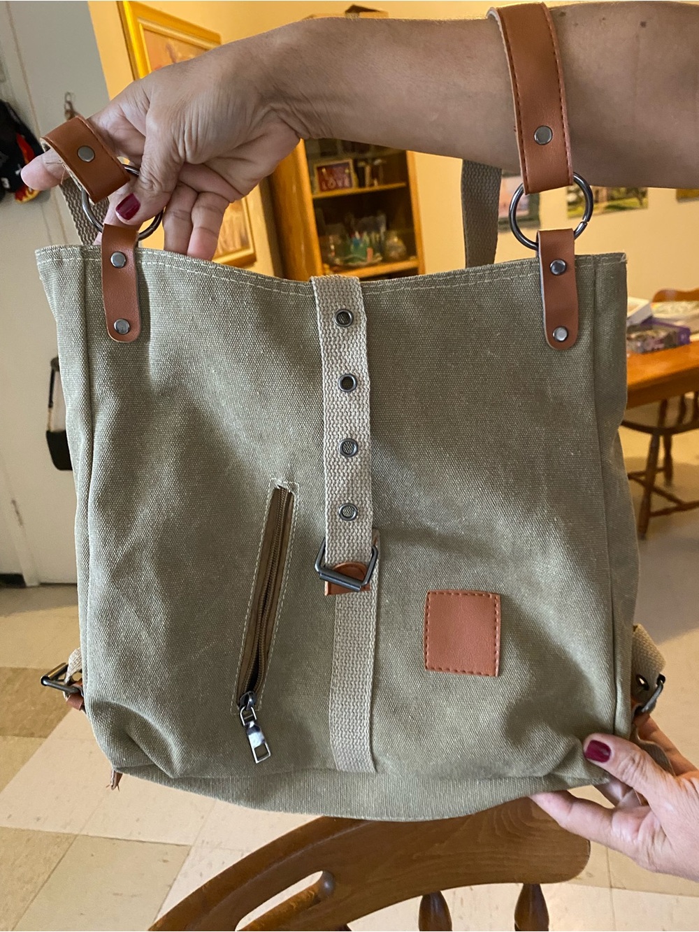 Canvas Tote Bag with Brown Leather Accents